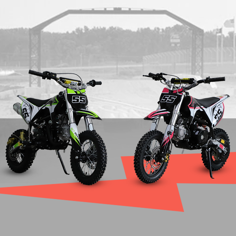 A distant side-by-side view of three dirt bikes in an outdoor setting with a grey and red base, illustrating different angles