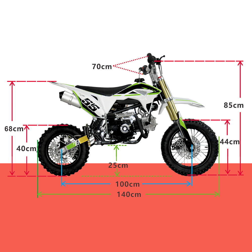 A diagram showing the technical dimensions of the dirt bike, including measurements for reference