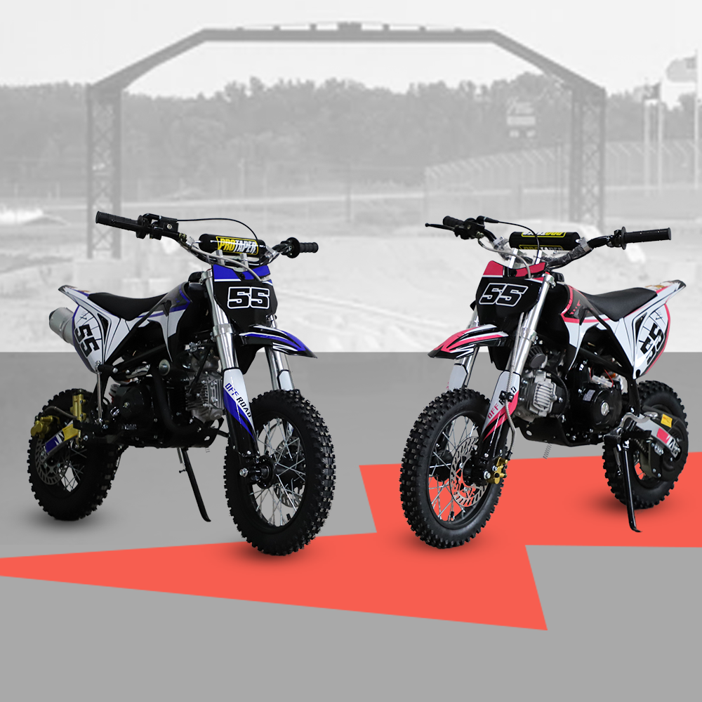 A distant side-by-side view of three dirt bikes in an outdoor setting with a grey and red base, illustrating different angles