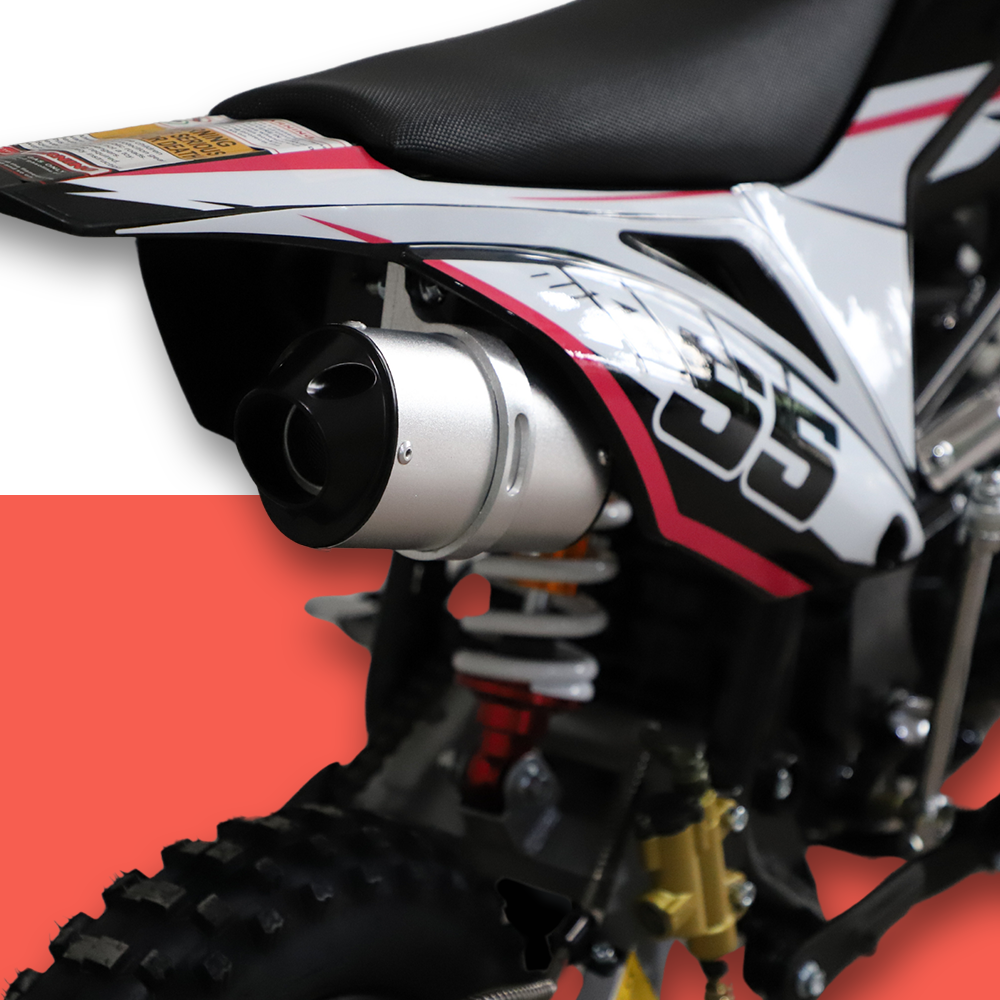 A close-up shot of the rear frame and exhaust area, focusing on the engine detail