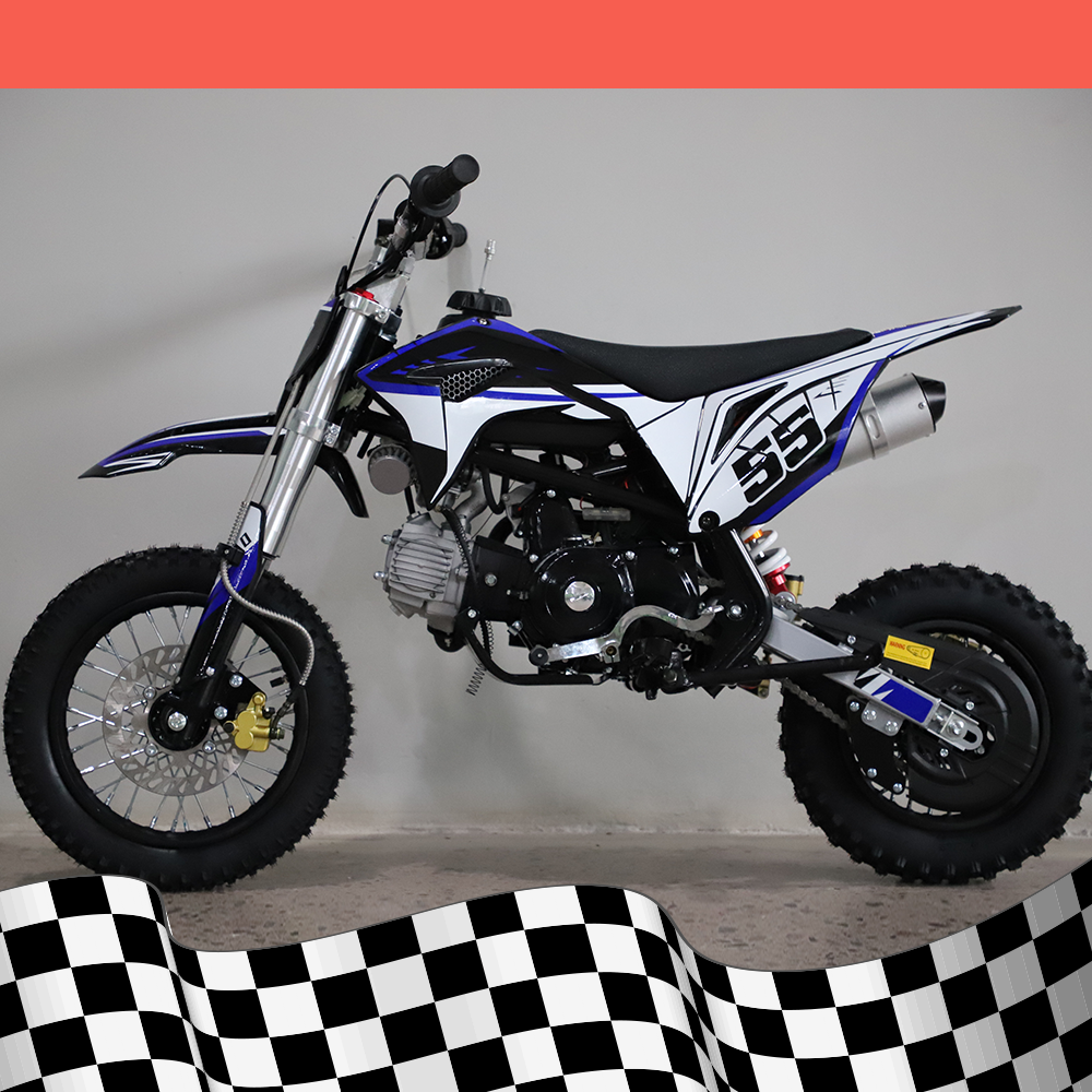 A front-left angled view of the dirt bike, showing off the front suspension and handlebars, on a background with a black and white checkered base