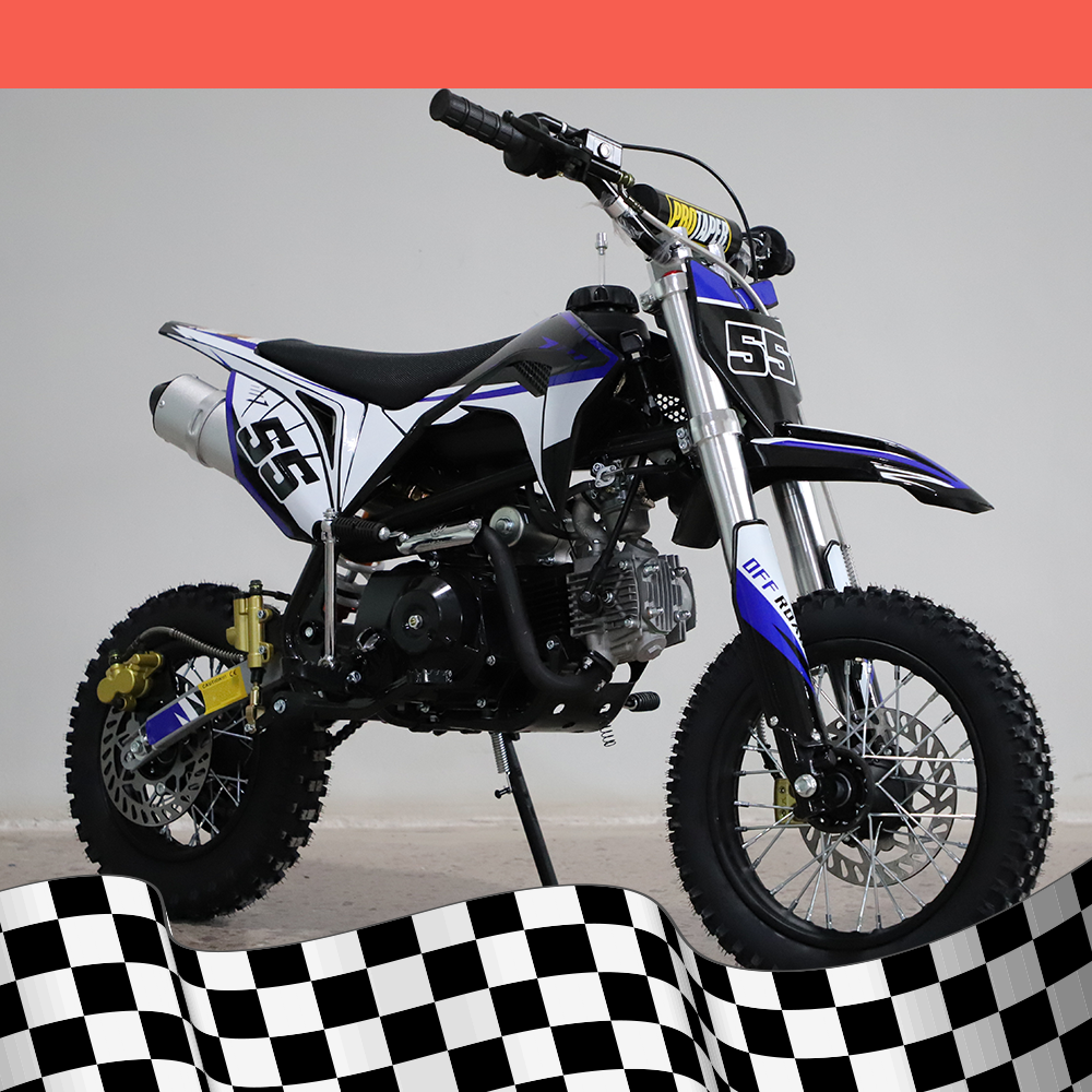 A right-side angled view of the dirt bike displaying the exhaust and rear wheel, with a checkered background