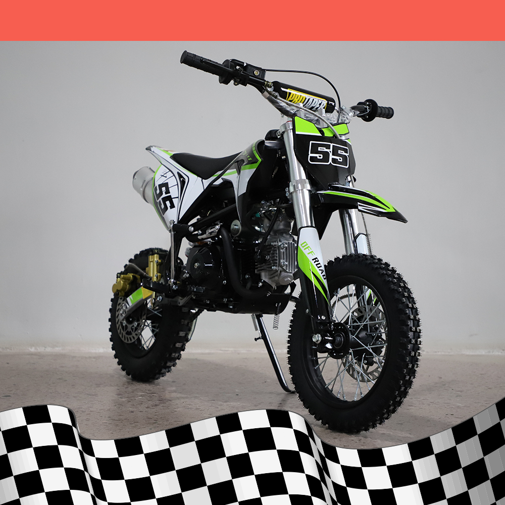 A front-left angled view of the dirt bike, showing off the front suspension and handlebars, on a background with a black and white checkered base