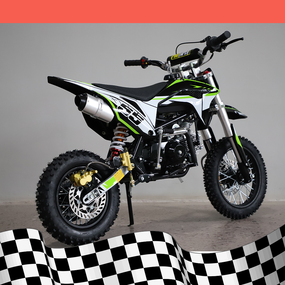 A right-side angled view of the dirt bike displaying the exhaust and rear wheel, with a checkered background.