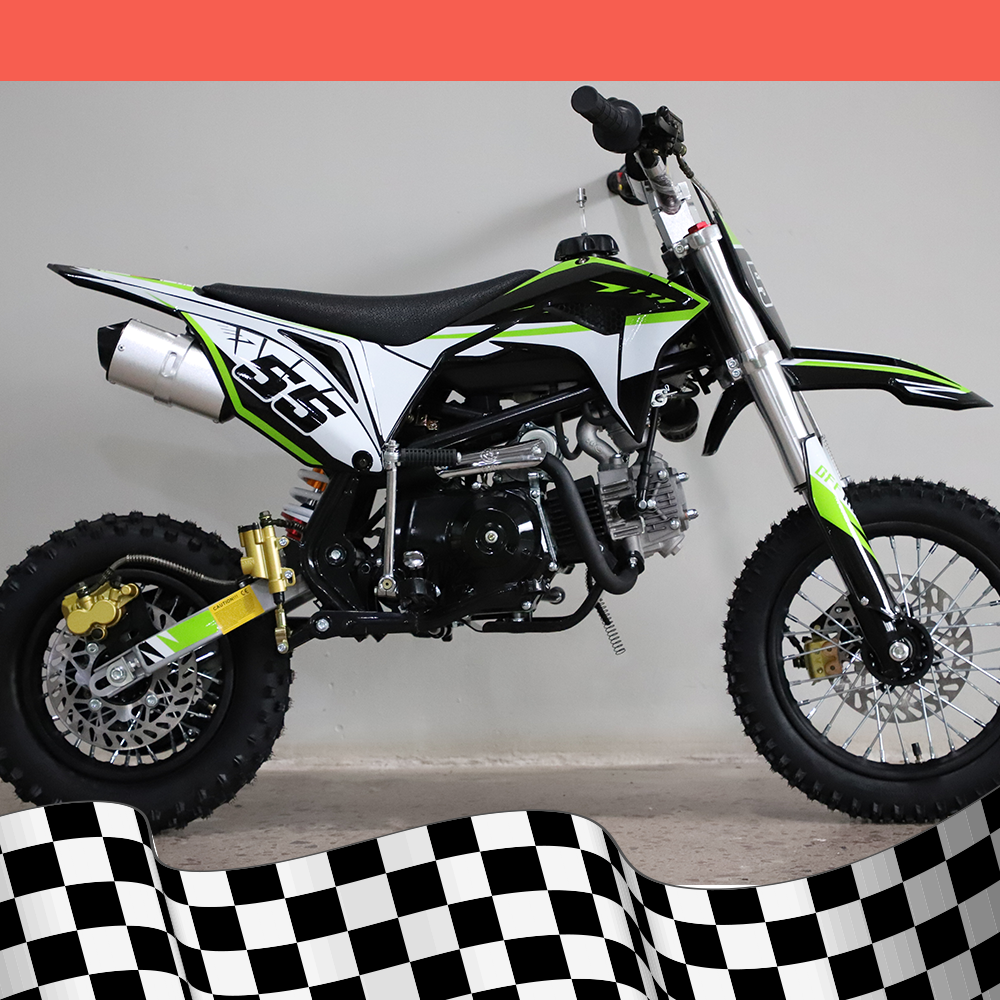 A full right-side view of the dirt bike, highlighting the frame and exhaust system against a checkered base background