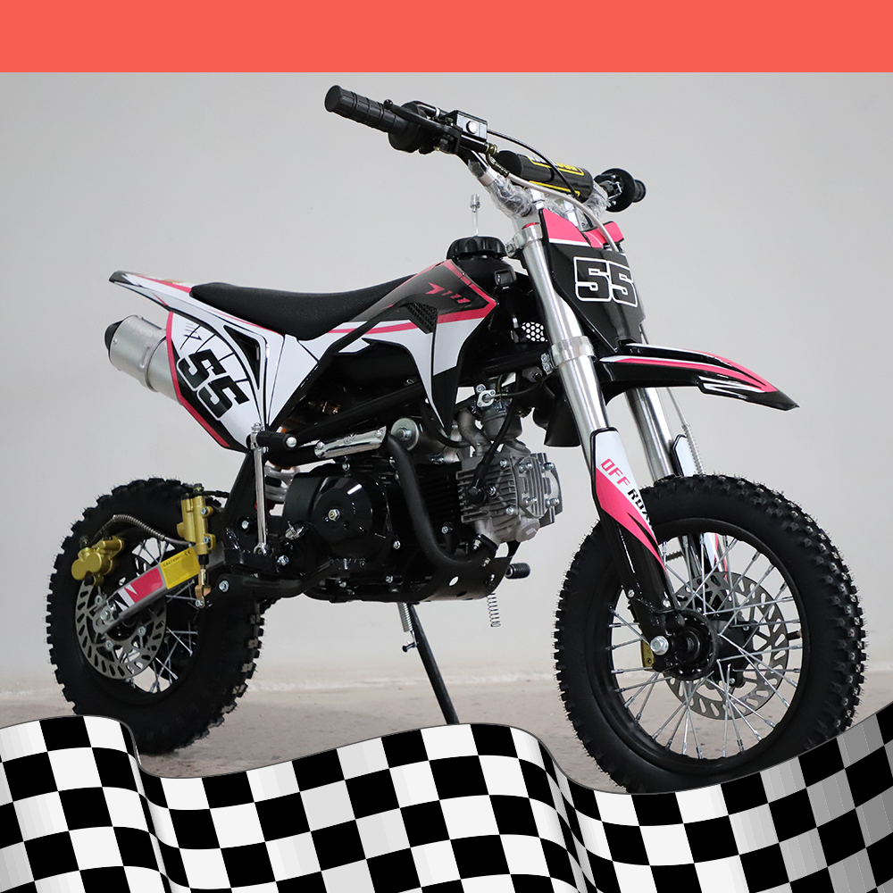 A front-right angled view of the dirt bike, showing off the front suspension and handlebars, on a background with a black and white checkered base.