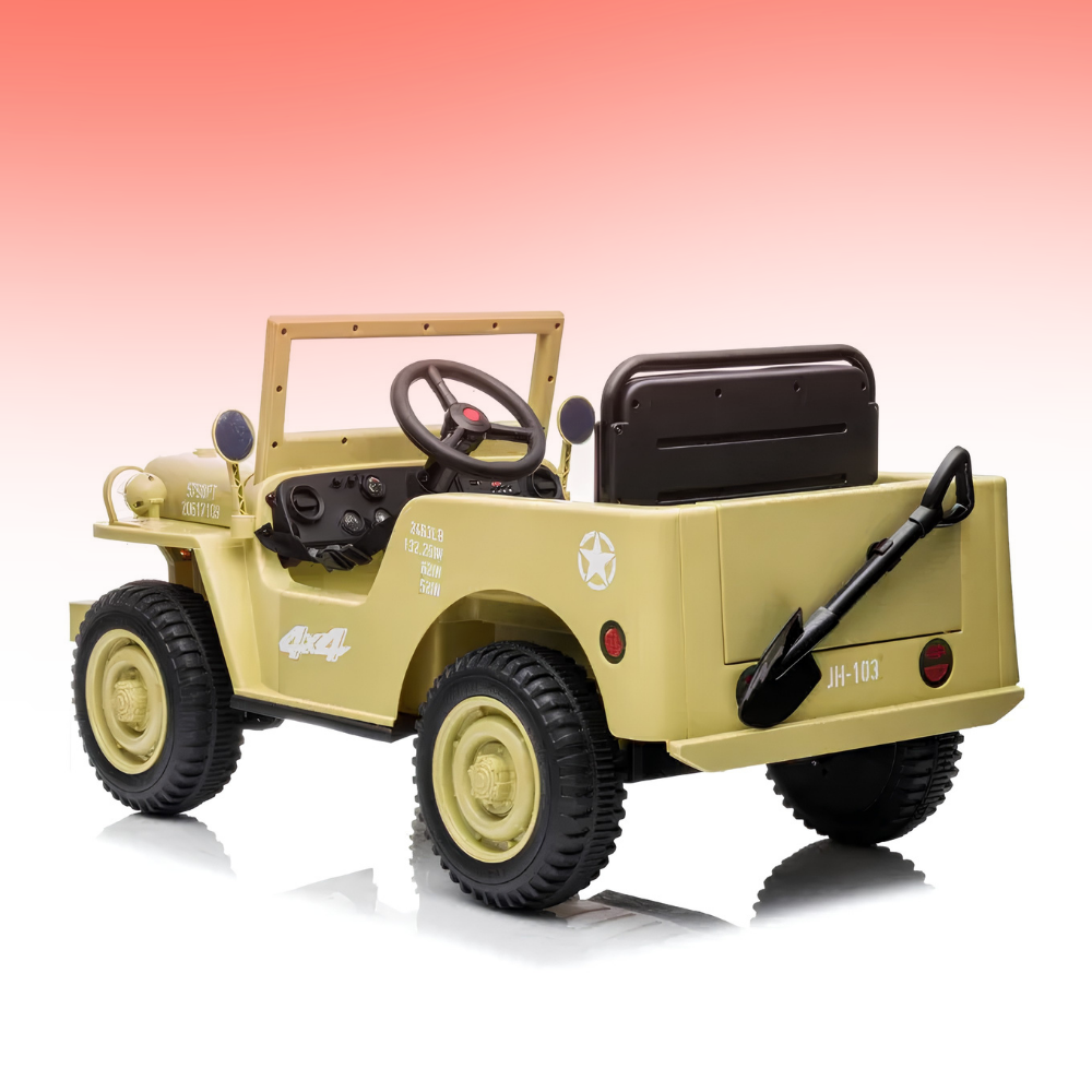 A military-style toy jeep in a light tan color with black tires, a black seat, and white printed details, shown on a white background with a pink-to-white gradient.