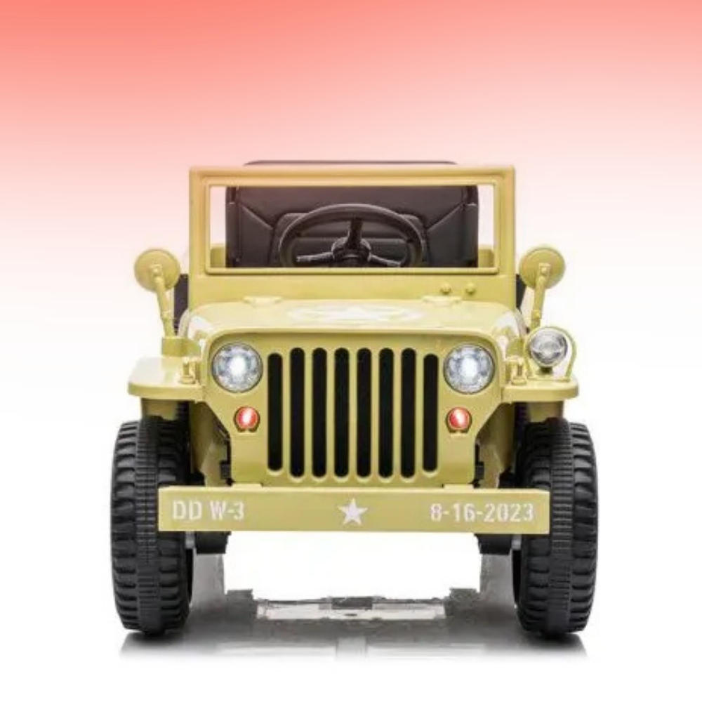 A toy military-style jeep in a pale yellow color, shown from the front against a white background with a pink gradient at the top.