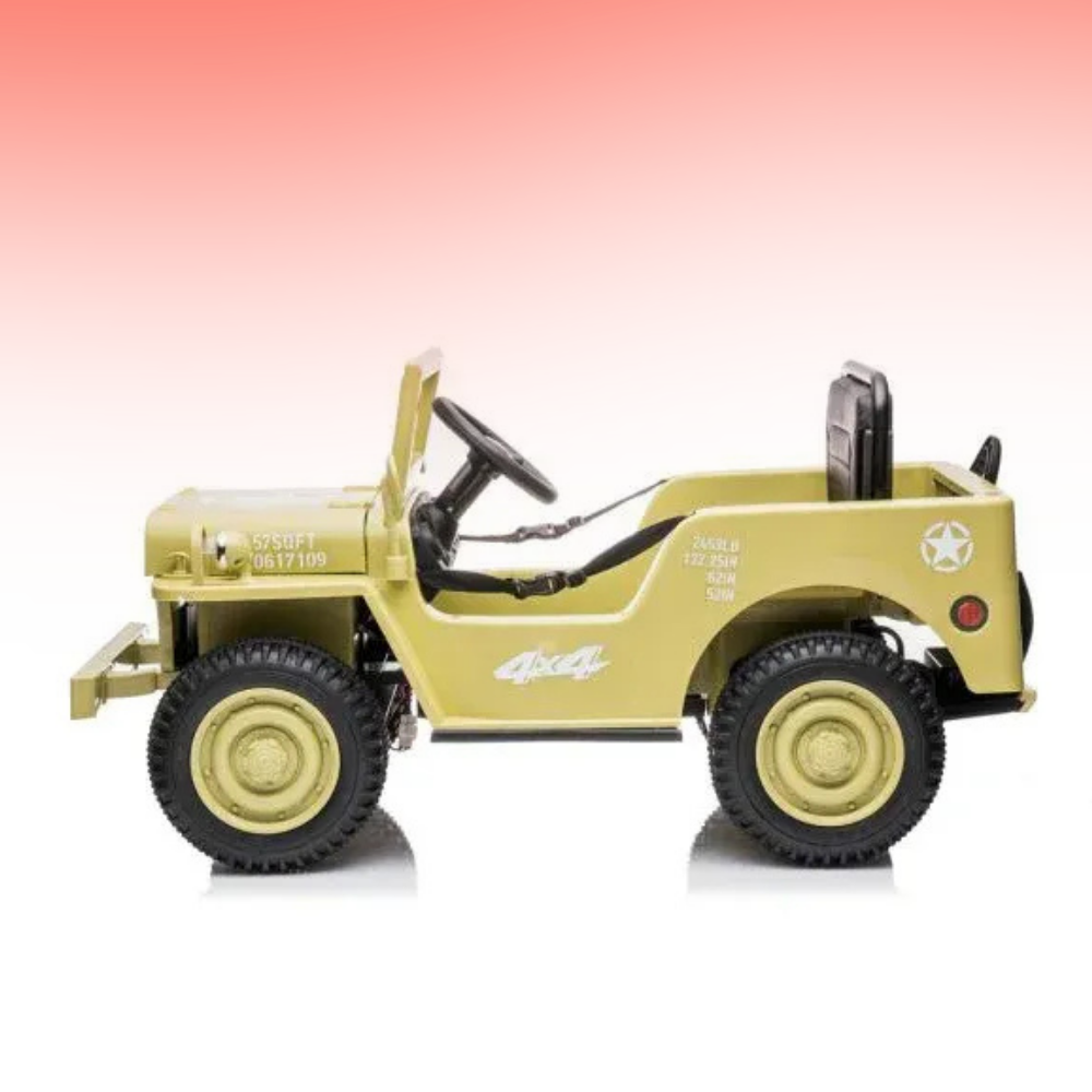 A children's ride-on toy jeep in military olive drab green with black tires, steering wheel, and interior, shown in a side profile against a white background with a pink gradient at the top.