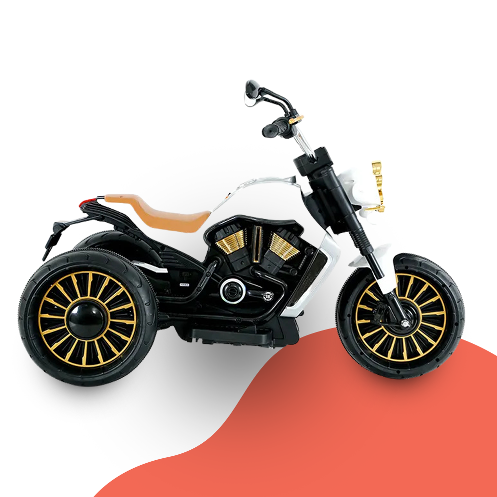 Side Profile of the Ride-On Motorcycle: A sleek, white, and black ride-on motorcycle with three wheels, featuring golden accents, realistic engine details, and a comfortable tan seat, placed on a white and red background.