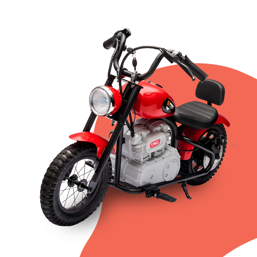 A detailed front-side view of a red children's ride-on motorcycle with realistic design elements such as handlebars, headlight, and tires, set against a red and white background.