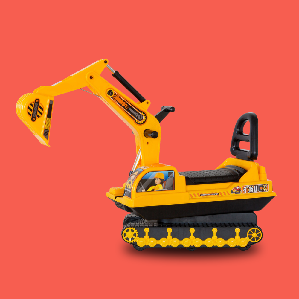 A yellow and black toy excavator ride-on truck with a small driver window, shown on a solid coral-red background.