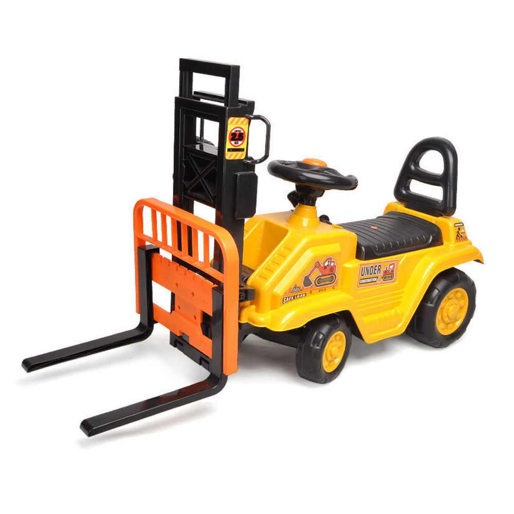 A yellow and black ride-on toy forklift with orange safety-style guard bars, photographed on a clean white background.
