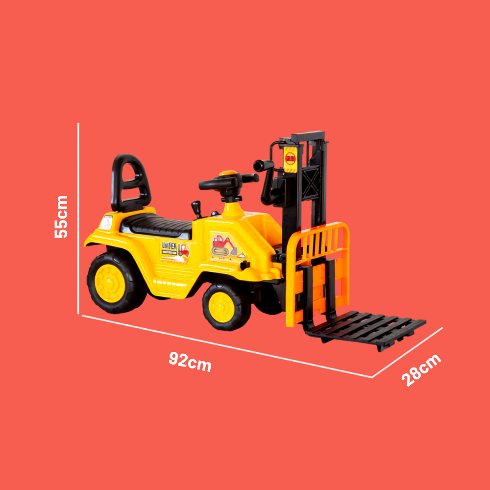 A yellow and black toy forklift shown on a coral-red background with white dimension lines and labels indicating 55 cm height, 92 cm length, and 28 cm width.