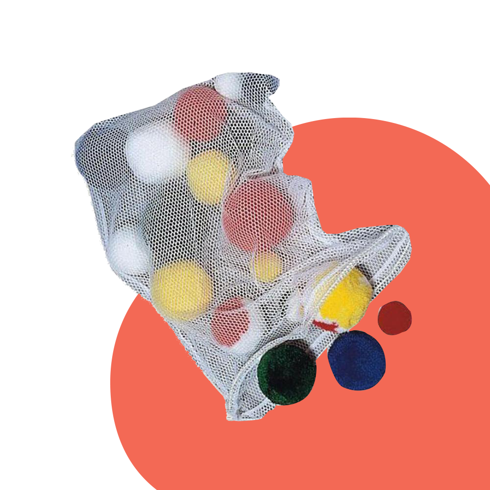 Close-up of a mesh bag filled with fleece balls in various colours, displayed against a red and white background