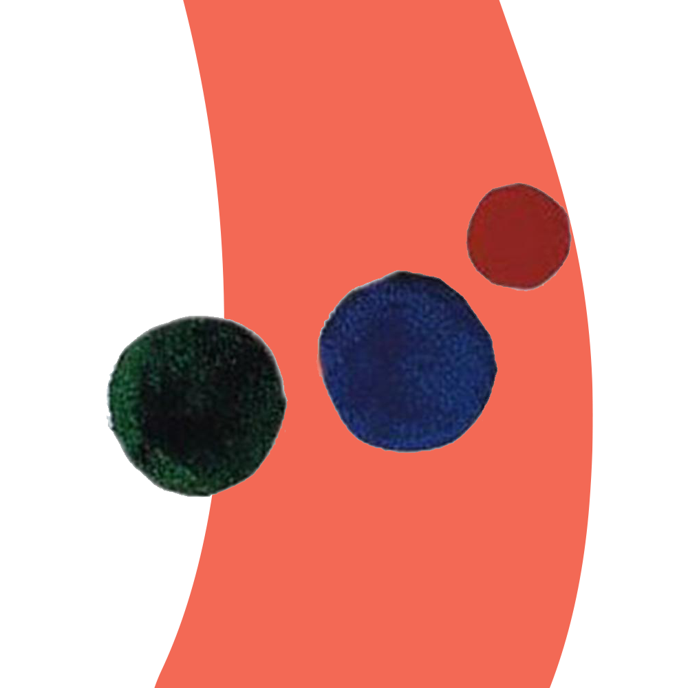 Three fleece balls in green, blue, and red floating against a red and white background