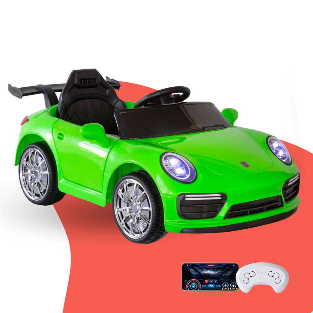 Green toy car with remote control on a white background