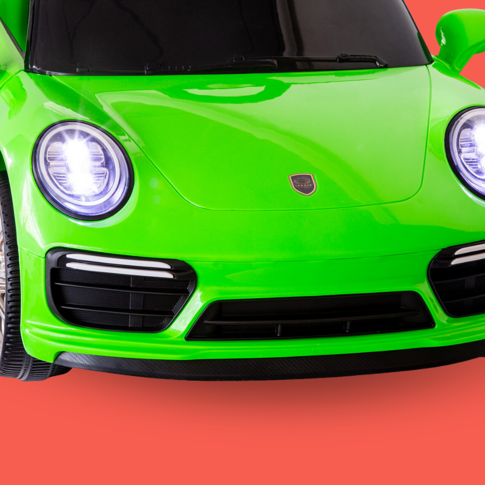 Close-up of a green sports car with a clear background