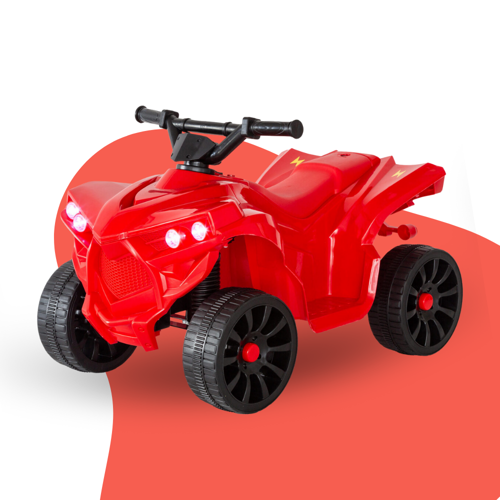 Red toy ATV with black wheels on a white background