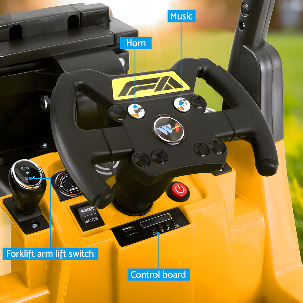steering wheel of Rigo 12v Kids Electric Forklift Loader Ride On Car with Remote - Yellow