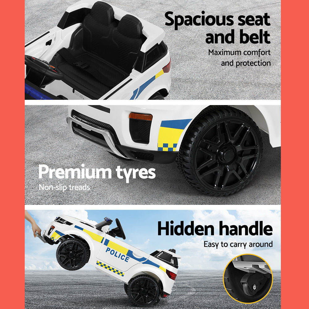 features of Rigo 12v Kids Electric Police Patrol Ride On Car with Remote - White