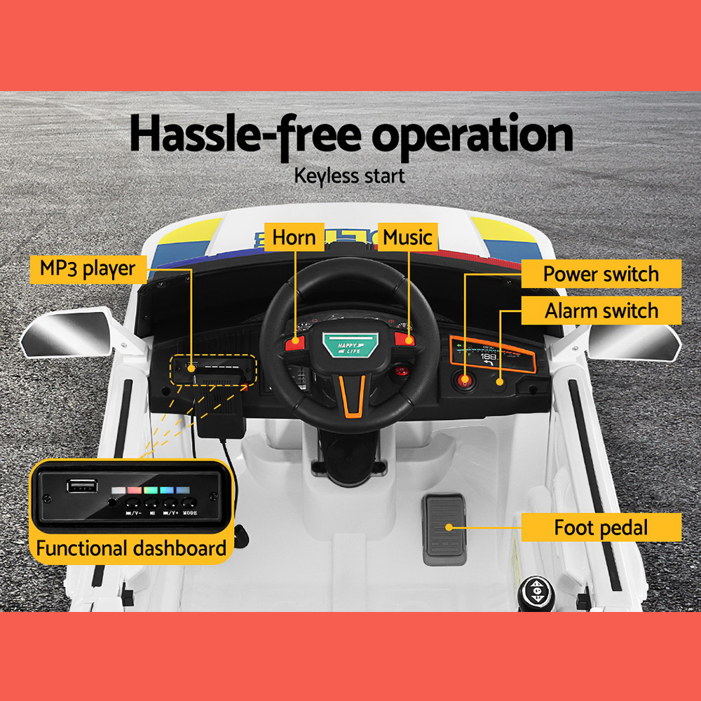 features of Rigo 12v Kids Electric Police Patrol Ride On Car with Remote - White