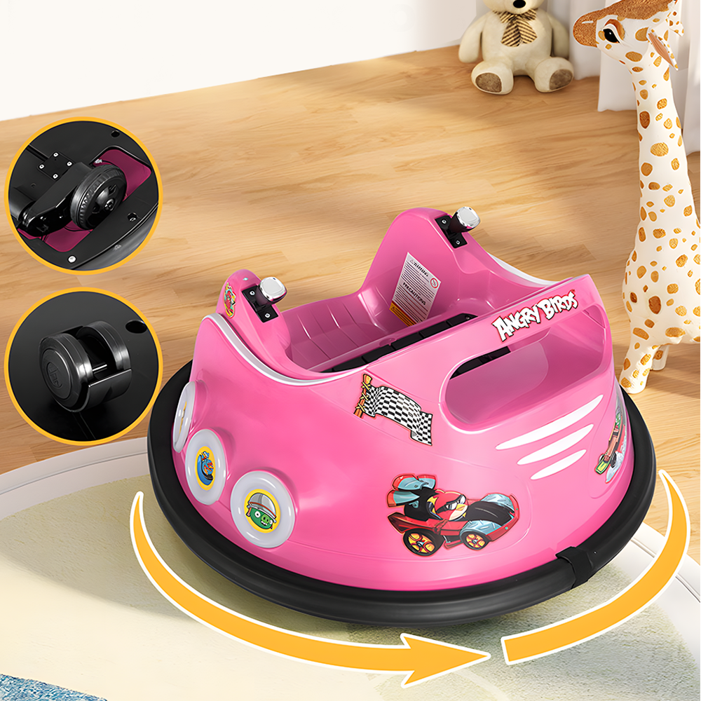 Angry Birds bumper car rear and side view, close-up of wheels