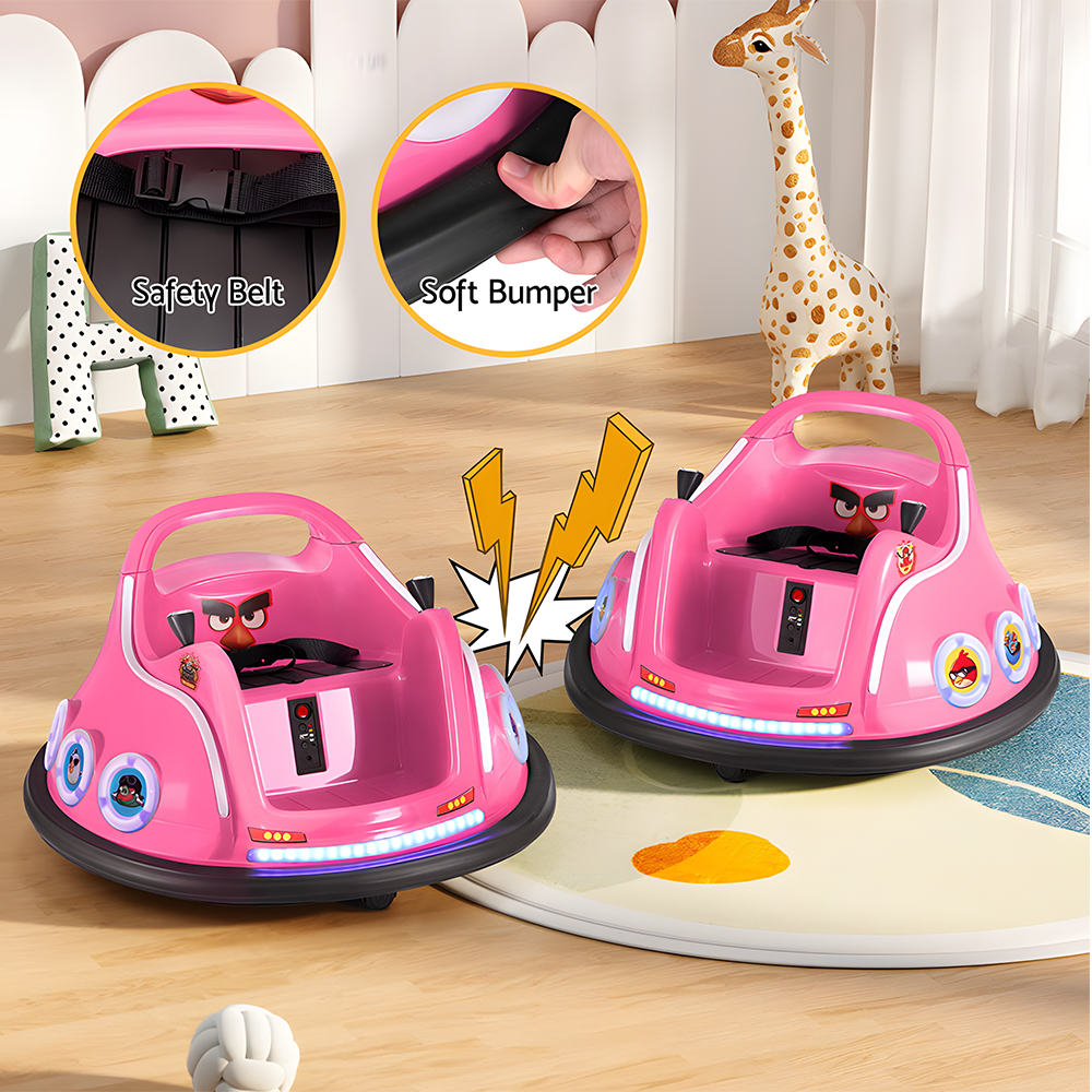 Two Angry Birds bumper cars indoors, showing soft bumper and safety belt