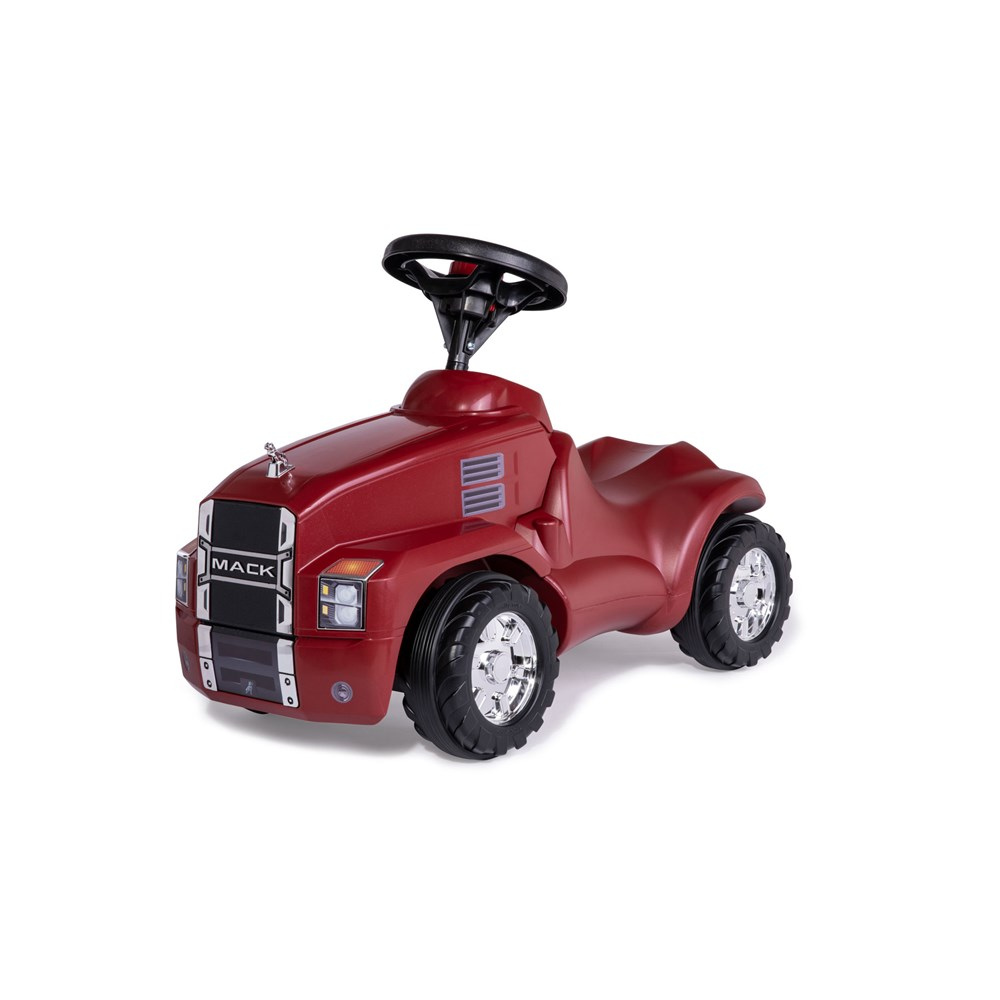 Red toy truck with black wheels on a white background