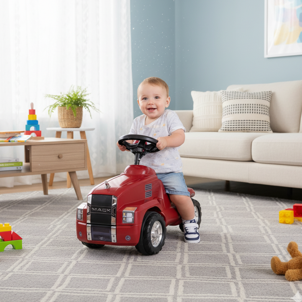 Child playing with a red toy truck in a living room.