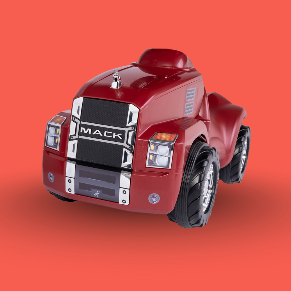 Red toy truck with 'Mack' branding on an orange background