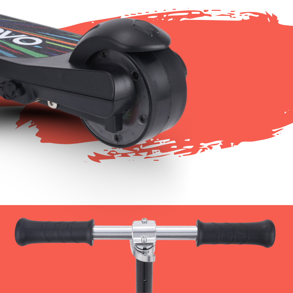 Close-up of a scooter handlebar and wheel on a red and white background