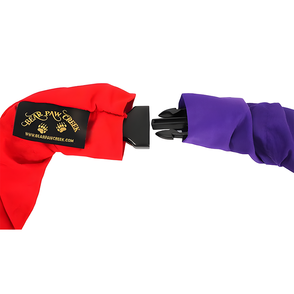Close-up of the buckle connector on the Soft Stretchy Rainbow Group Loop, featuring the Bear Paw Creek logo on the fabric, highlighting its secure and flexible design.