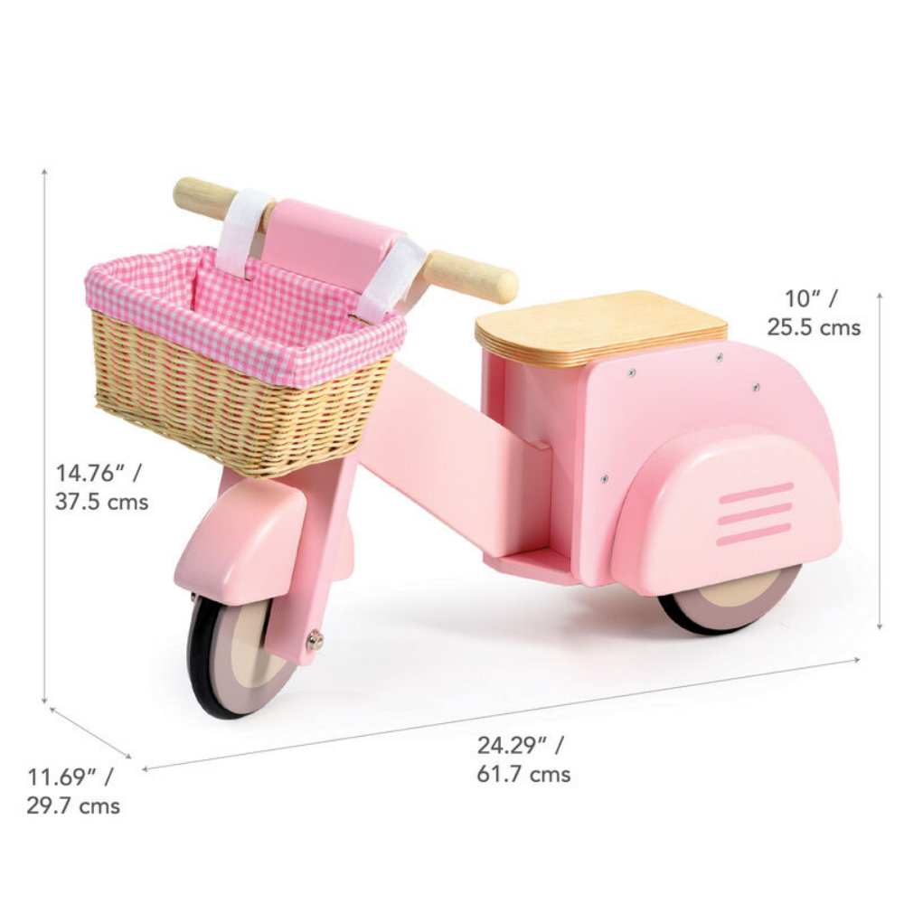 Pink toy scooter with a basket, shown with dimensions on a white background