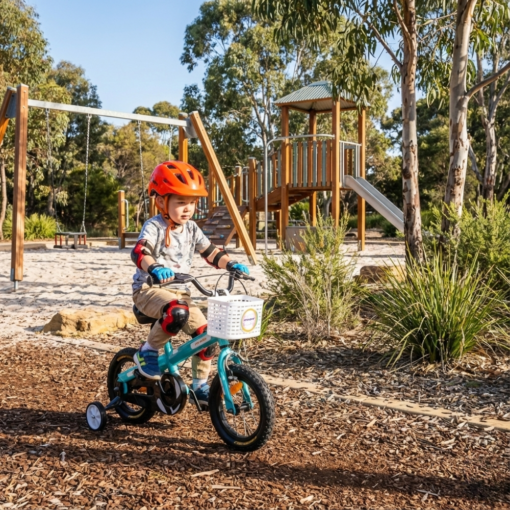Child riding a bicycle with training wheels in a playground setting