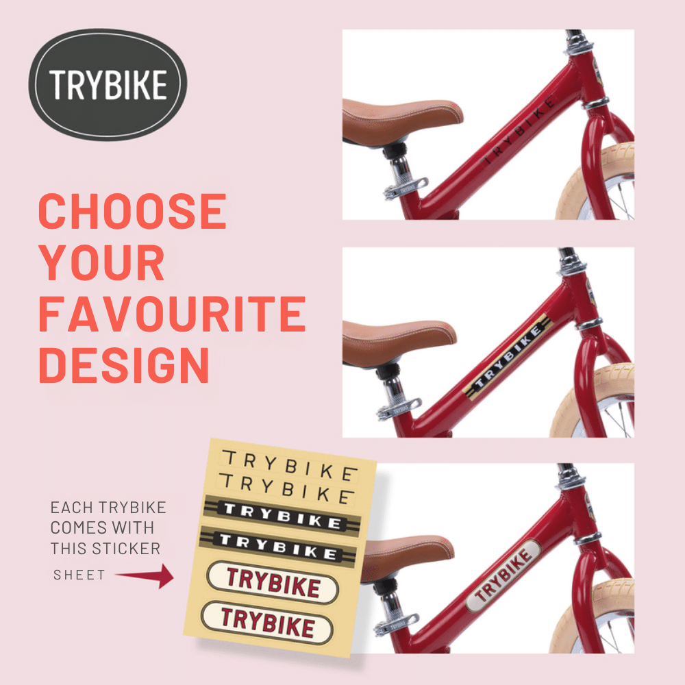 Red bicycle with TRYBIKE branding on a pink background, featuring text and a sticker sheet.