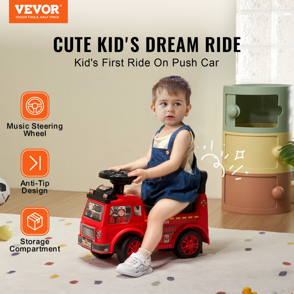 Child sitting in a red toy car with VEVOR branding, featuring music steering wheel, anti-tip design, and storage compartment.