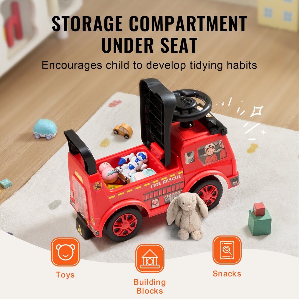 Red toy fire truck with storage compartment on a wooden floor, featuring text about encouraging tidying habits.