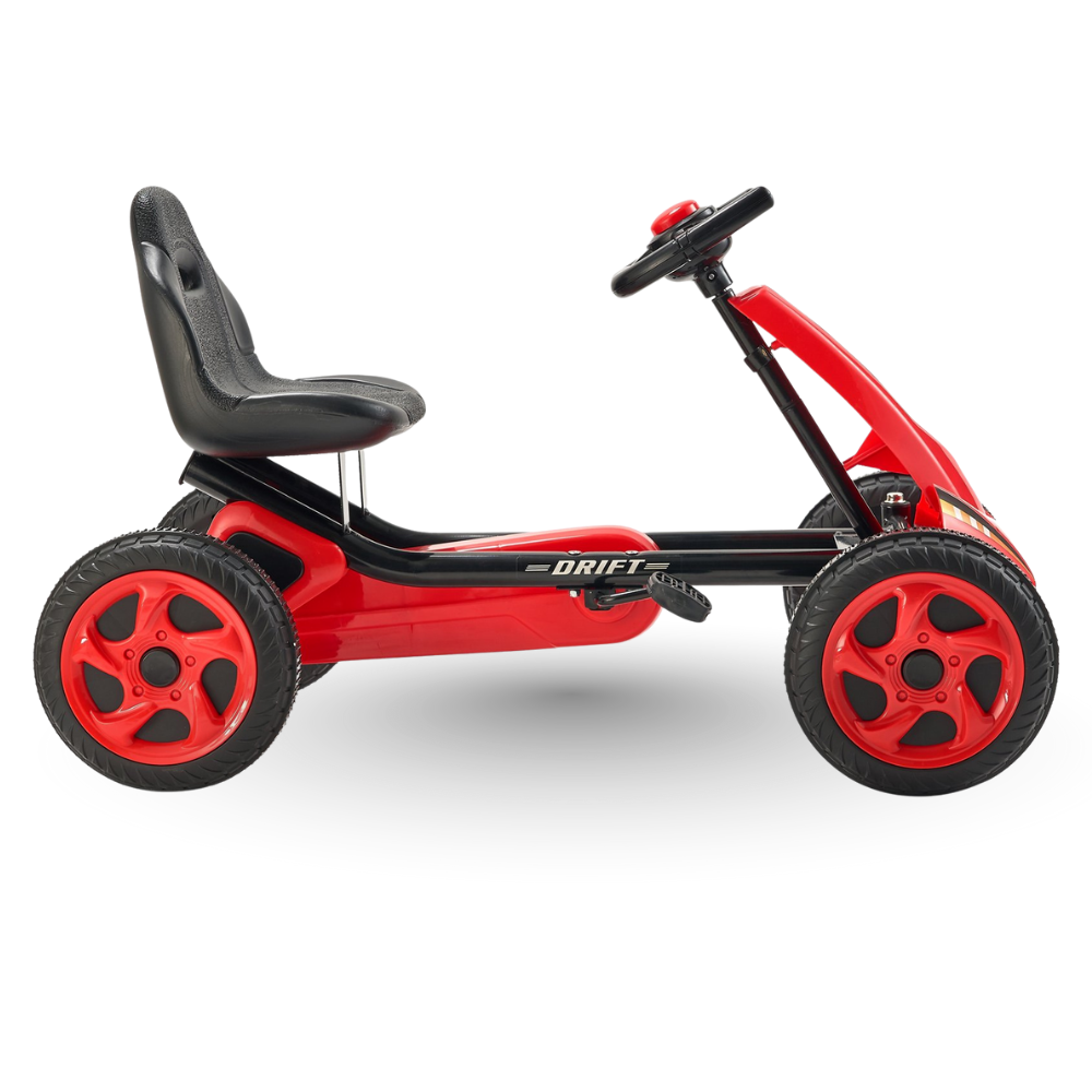 Red and black pedal car on a white background