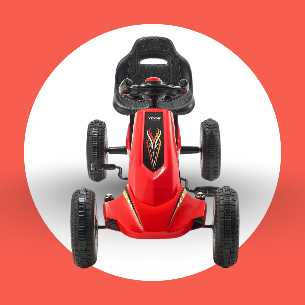 Red toy go-kart with black seat on a red background