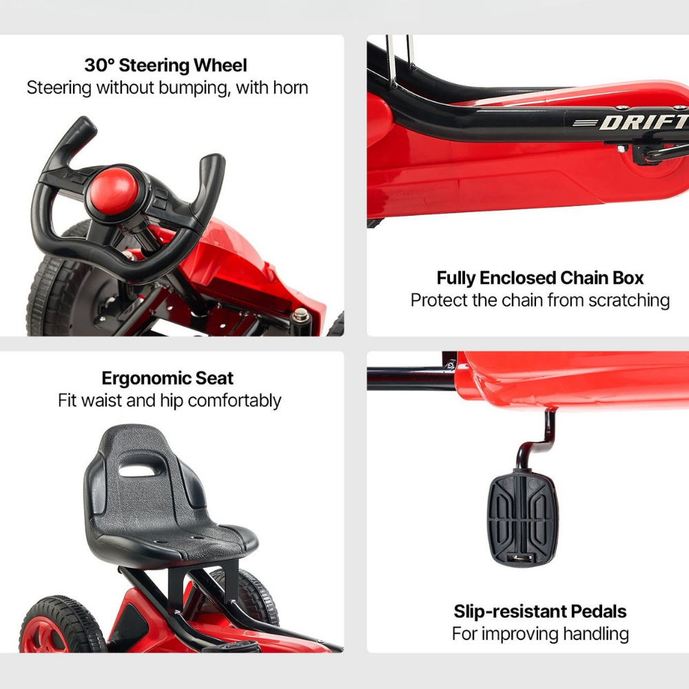 Red toy car with features highlighted on a white background