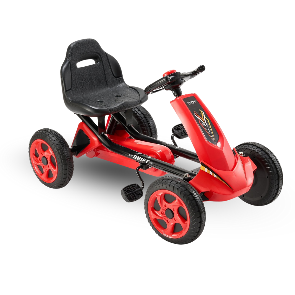Red and black pedal go-kart on a white background