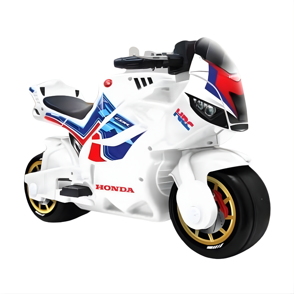 White toy motorcycle with red and blue accents on a white background