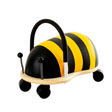 Toy vehicle shaped like a bee with black and yellow stripes on a white background
