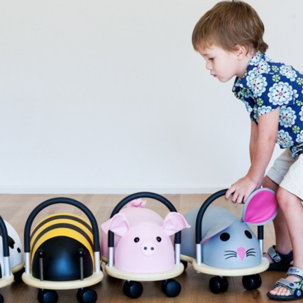 Child playing with animal-themed toy cars on a wooden floor.