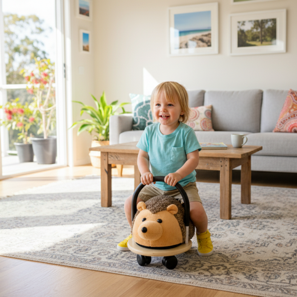 Child riding a hedgehog-shaped toy in a living room.
