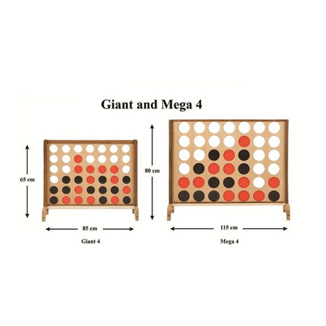 "Comparison of two wooden Connect Four game sets labeled 'Giant 4' and 'Mega 4', showing their respective dimensions: Giant 4 is 65 cm tall and 85 cm wide, while Mega 4 is 80 cm tall and 115 cm wide."