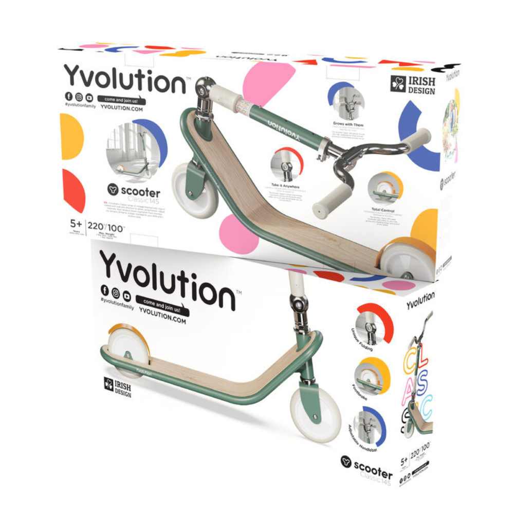 Yvolution scooter packaging with colorful design on a white background
