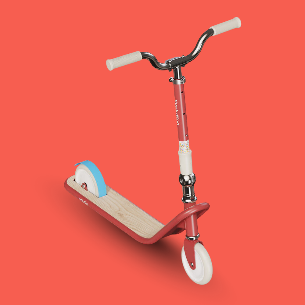 Red scooter with a wooden deck on a red background