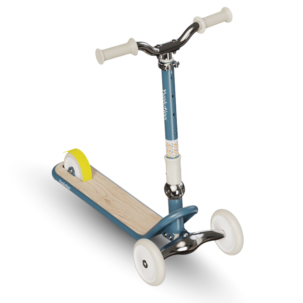 Children's scooter with wooden deck and blue frame on a white background